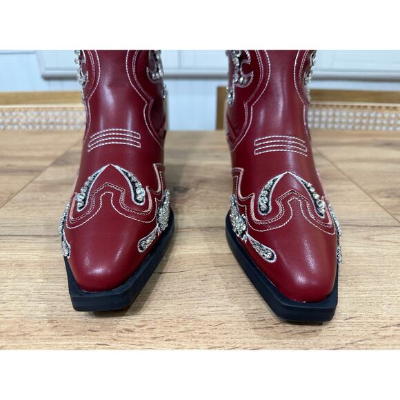 Azalea Wang Maisie Embellished Western Boot Red Faux Leather 8.5 NWOB Crystals - Picture 8 of 16